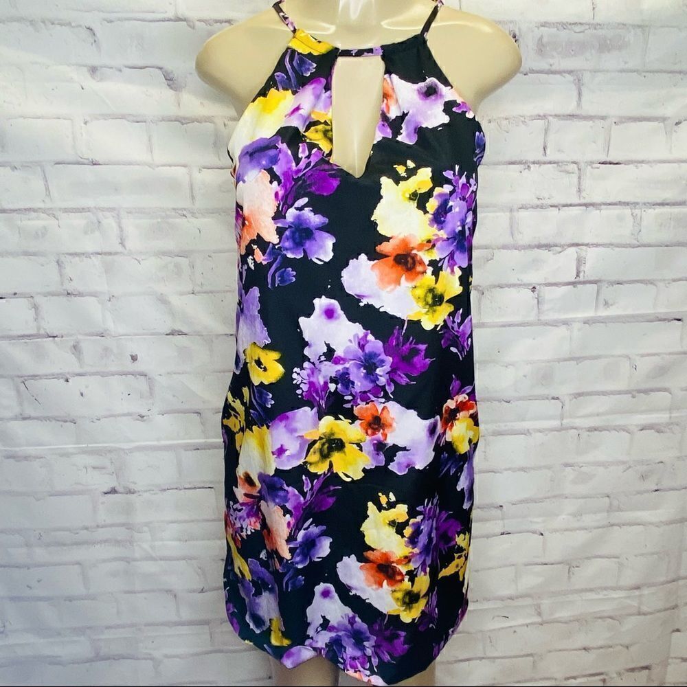 BEIGE by ECI Floral Black Purple Shift Halter Dress size Small